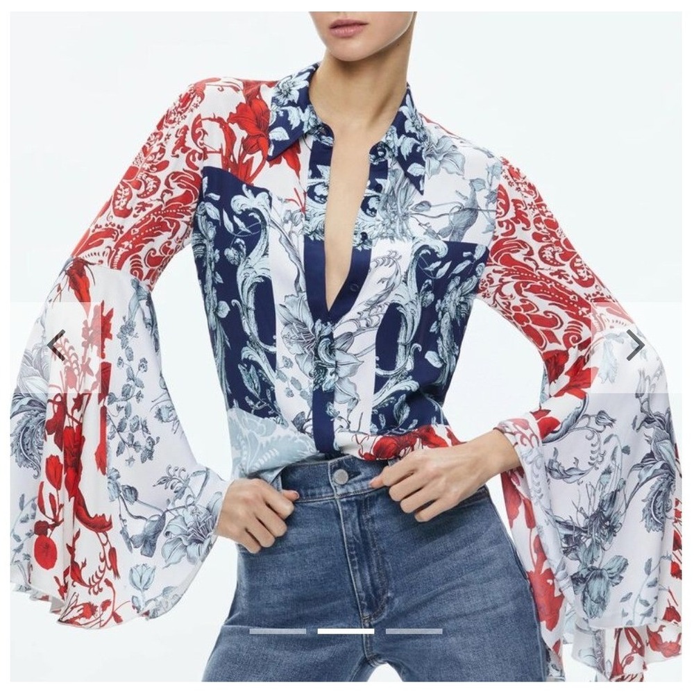 Alice + Olivia Willa Floral Bell Sleeve Top RTL $375 romantic boho whimsical S
